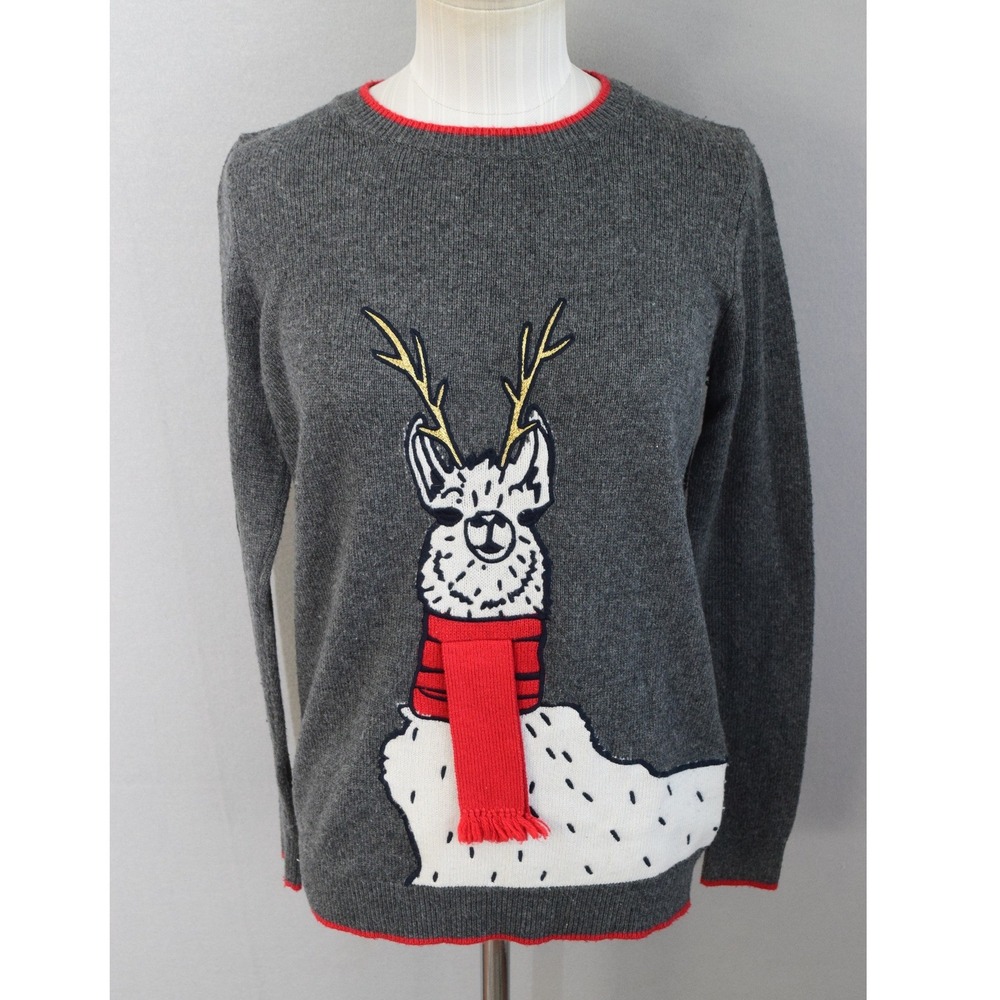 Boden Sweater Medium Grey Llama Christmas 3D Scarf Cashmere Blend Womens Holiday